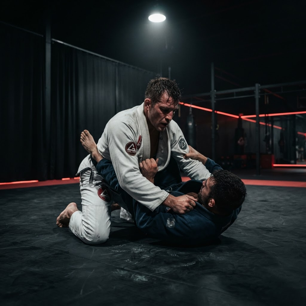 Atleta de Jiu-Jitsu usando kimono branco em treino